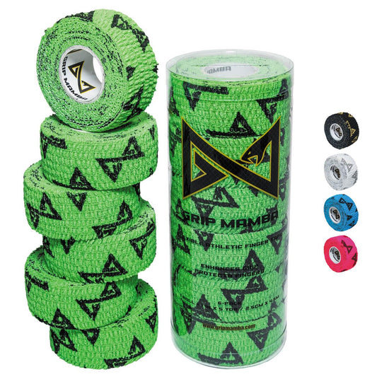 GRIP MAMBA Elastic Athletic Finger Tape, 1”Wide w/Premium Adhesive, Protects Hand Thumb Fingers Enhances Grip, Sleeve Blister Wrap for Sports, Golf, Tennis, Basketball, Pickleball (Green, 3 Rolls)
