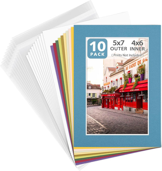 Pack of 10 Mix Pre-Cut 5x7 Picture Mat for 4x6 Photo with White Core Bevel Cut Mattes Sets. Includes 10 High Premier Acid Free Bevel Cut Matts & 10 Backing Board & 10 Clear Bags