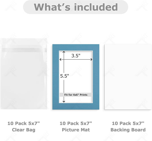 Pack of 10 Mix Pre-Cut 5x7 Picture Mat for 4x6 Photo with White Core Bevel Cut Mattes Sets. Includes 10 High Premier Acid Free Bevel Cut Matts & 10 Backing Board & 10 Clear Bags