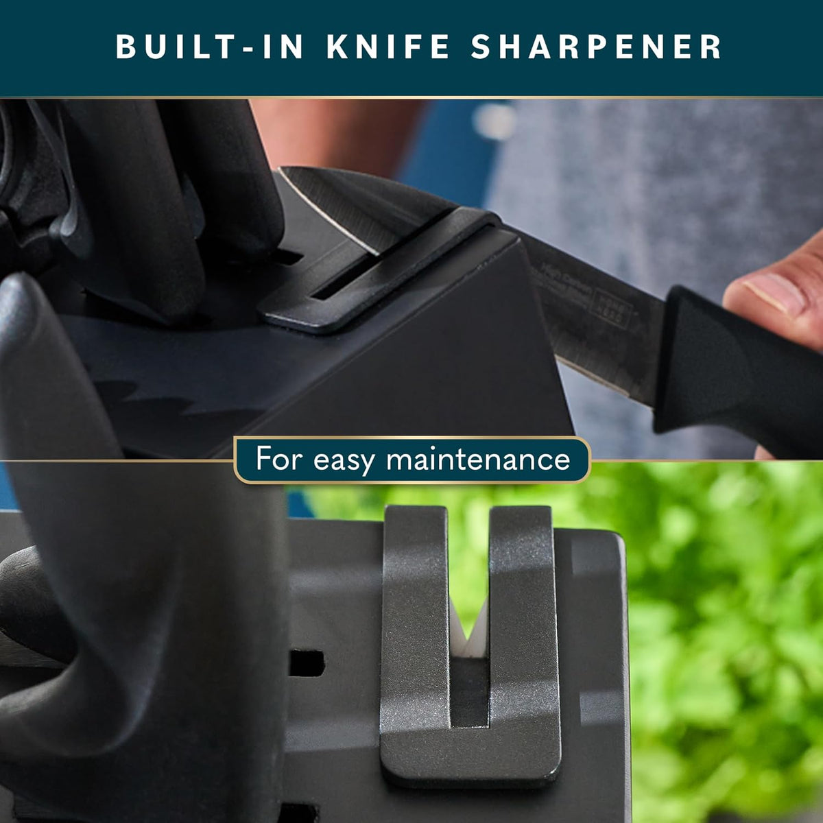 15-Piece Kitchen Knife Set - Knife Block Set | Black Stainless Steel Knife Set with Wooden Block - Built-In Sharpener, Ergonomic Handles & Nonstick Coating (15-Piece)