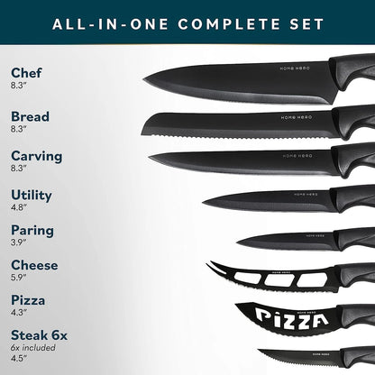 15-Piece Kitchen Knife Set - Knife Block Set | Black Stainless Steel Knife Set with Wooden Block - Built-In Sharpener, Ergonomic Handles & Nonstick Coating (15-Piece)