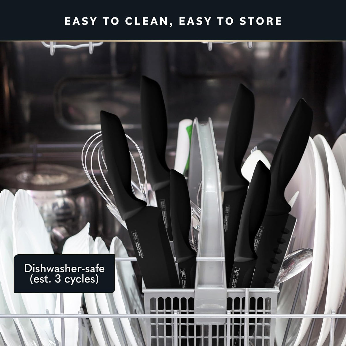 15-Piece Kitchen Knife Set - Knife Block Set | Black Stainless Steel Knife Set with Wooden Block - Built-In Sharpener, Ergonomic Handles & Nonstick Coating (15-Piece)