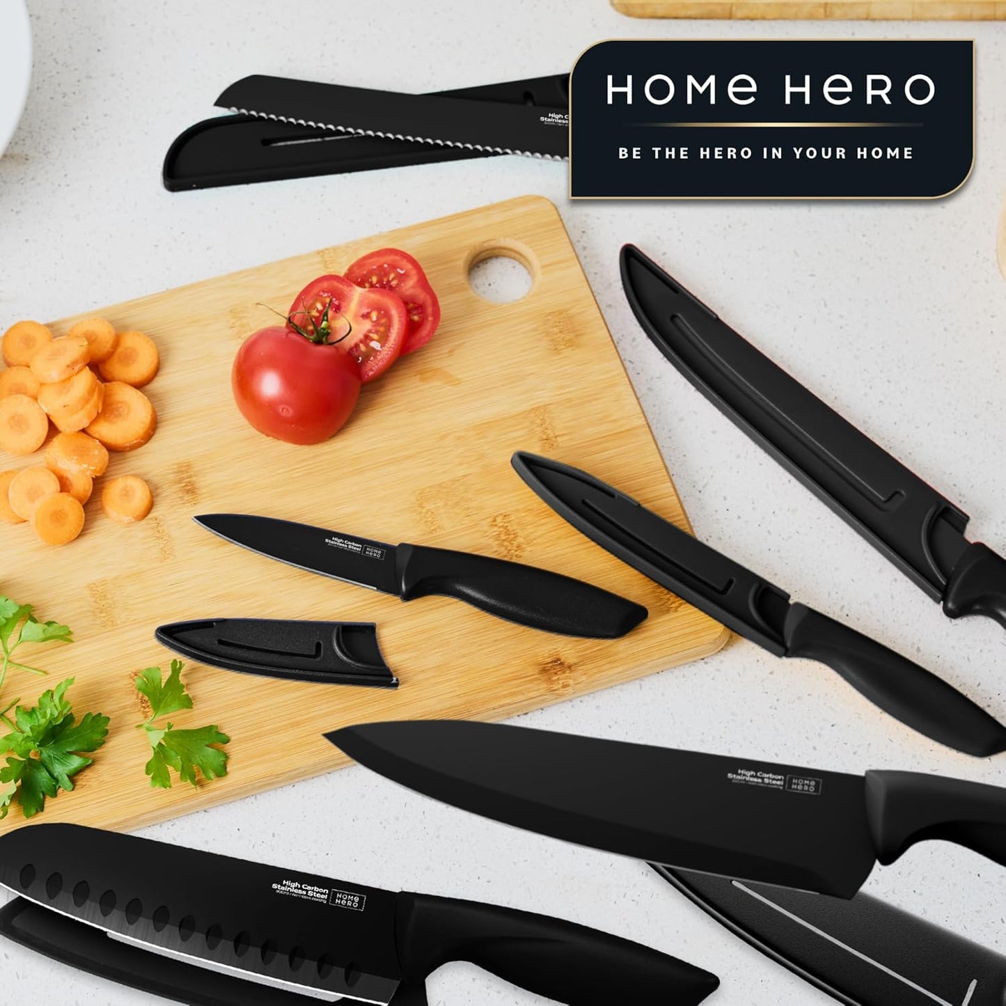 15-Piece Kitchen Knife Set - Knife Block Set | Black Stainless Steel Knife Set with Wooden Block - Built-In Sharpener, Ergonomic Handles & Nonstick Coating (15-Piece)
