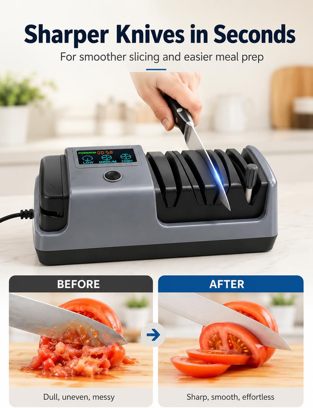 Electric Knife Sharpener for Knives, Scissors, Axes, 5-in-1 Multi-Function Sharpener with Adjustable Speed, 3-Stage Diamond Grinding, Ceramic Polishing Rod, LCD Display