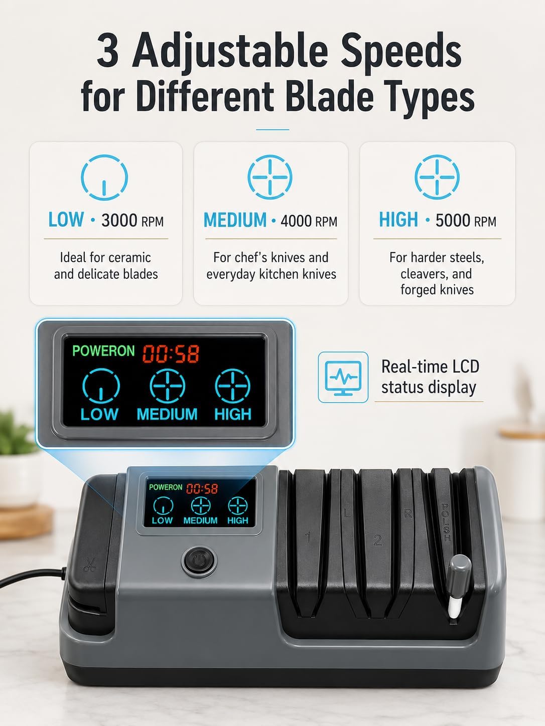 Electric Knife Sharpener for Knives, Scissors, Axes, 5-in-1 Multi-Function Sharpener with Adjustable Speed, 3-Stage Diamond Grinding, Ceramic Polishing Rod, LCD Display