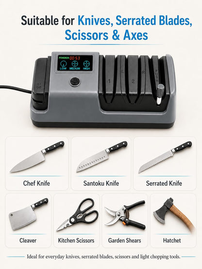 Electric Knife Sharpener for Knives, Scissors, Axes, 5-in-1 Multi-Function Sharpener with Adjustable Speed, 3-Stage Diamond Grinding, Ceramic Polishing Rod, LCD Display