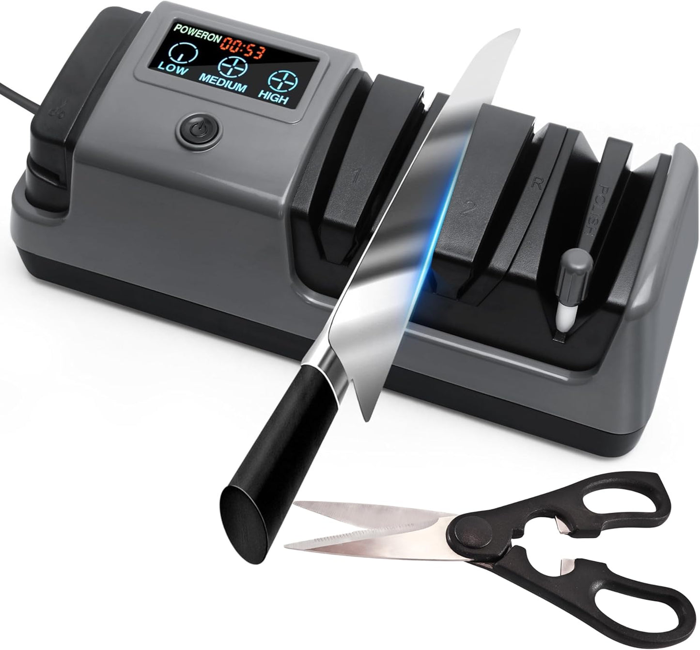 Electric Knife Sharpener for Knives, Scissors, Axes, 5-in-1 Multi-Function Sharpener with Adjustable Speed, 3-Stage Diamond Grinding, Ceramic Polishing Rod, LCD Display