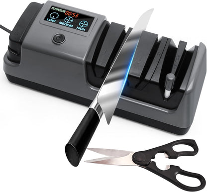Electric Knife Sharpener for Knives, Scissors, Axes, 5-in-1 Multi-Function Sharpener with Adjustable Speed, 3-Stage Diamond Grinding, Ceramic Polishing Rod, LCD Display