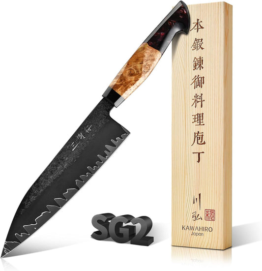Japanese Blackened Gyuto Chef Knife, 8 Inch Hand Forged Tri-Ply SG2 Powder Steel Kitchen Knives, Professional Japan Chefs Knife with Luxurious Stabilized Wood Ergonomic Handle, Best Cooking Gifts