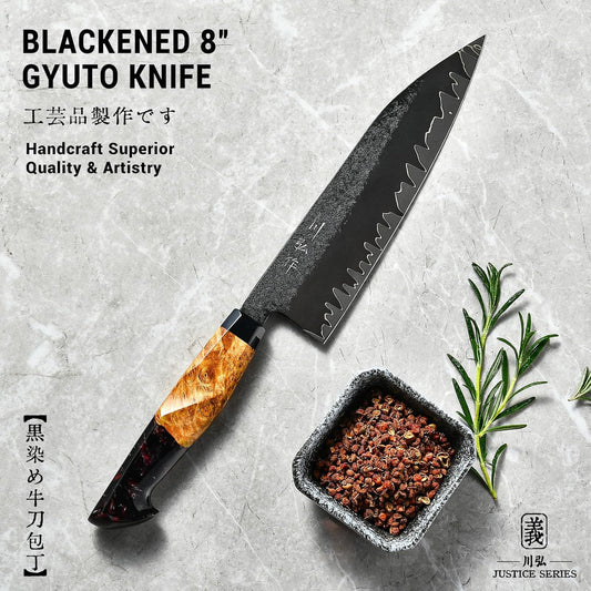 Japanese Blackened Gyuto Chef Knife, 8 Inch Hand Forged Tri-Ply SG2 Powder Steel Kitchen Knives, Professional Japan Chefs Knife with Luxurious Stabilized Wood Ergonomic Handle, Best Cooking Gifts