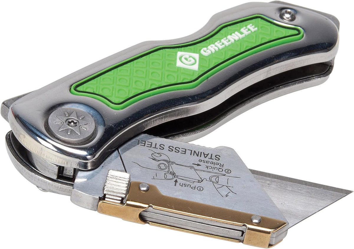 0652-22 8.9" Folding Utility Knife with Retractable 3-Position Serrated Blade, Silver/Green