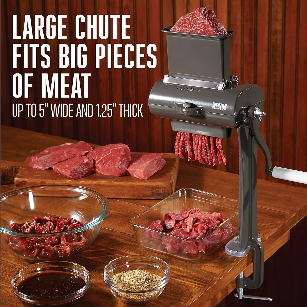 Manual Support Beef Jerky Slicer, Quick and Easy Operation For Cuts Up To 5” Wide x 1.25” Thick, Durable Aluminum Construction, Stainless Steel Blades, Charcoal Gray (07-3801-W-A)