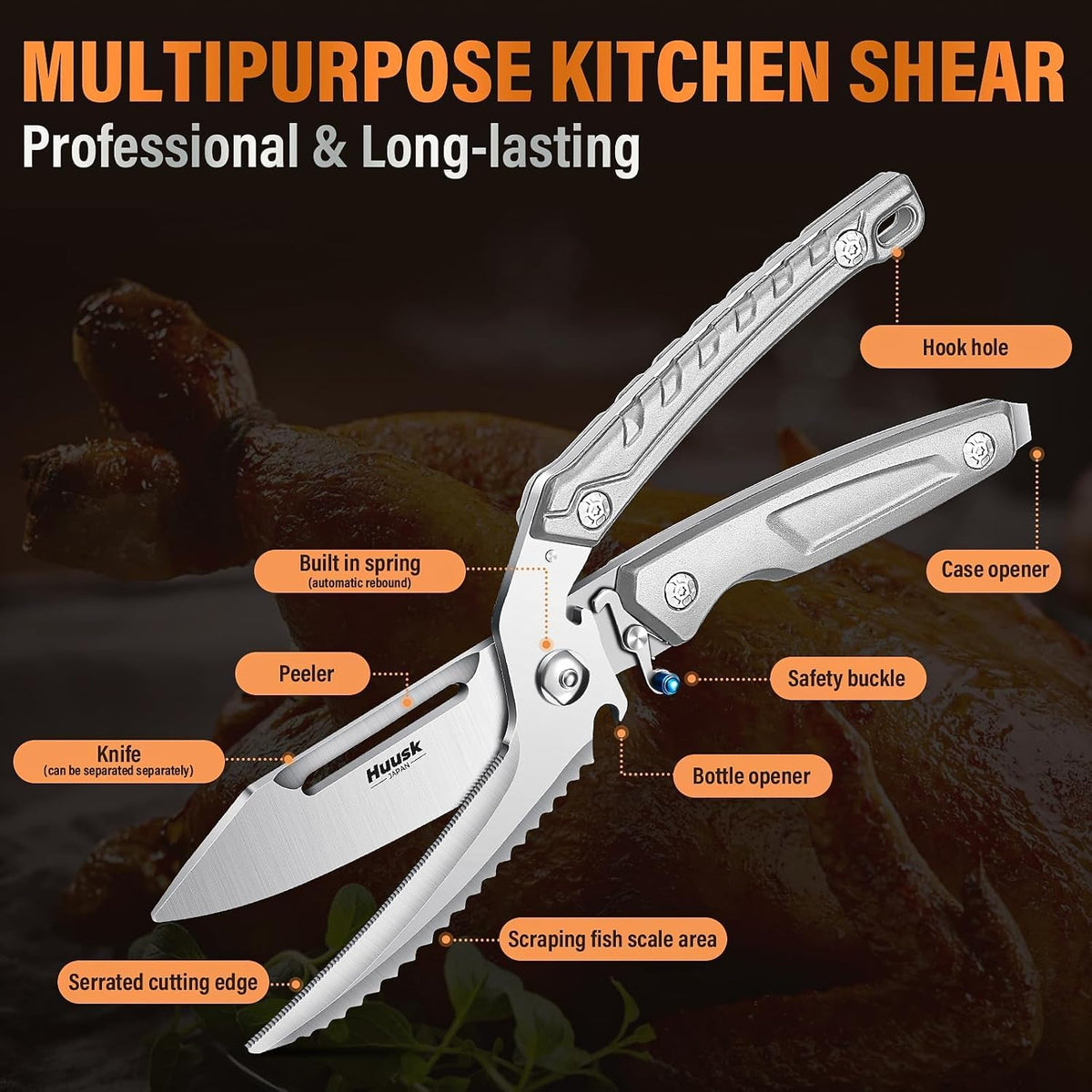 Huusk Heavy Duty Poultry Scissors - Kitchen Scissor for Food Brown