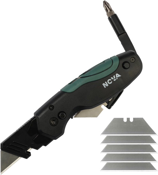 Muti-tool Folding Utility Knife with 5 Extra Utility Blades, Quick-Change Blades & Blade Storage, Multifunctional Heavy Duty Box Cutter for DIY & Professionals