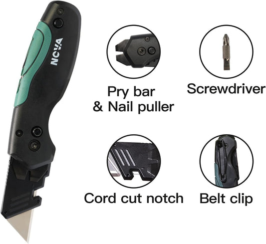 Muti-tool Folding Utility Knife with 5 Extra Utility Blades, Quick-Change Blades & Blade Storage, Multifunctional Heavy Duty Box Cutter for DIY & Professionals