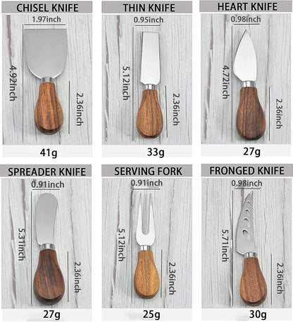 Premium 6-Piece Cheese Knife Set - Acacia Wood Handle Stainless Steel Cheese Knives for Charcuterie Board