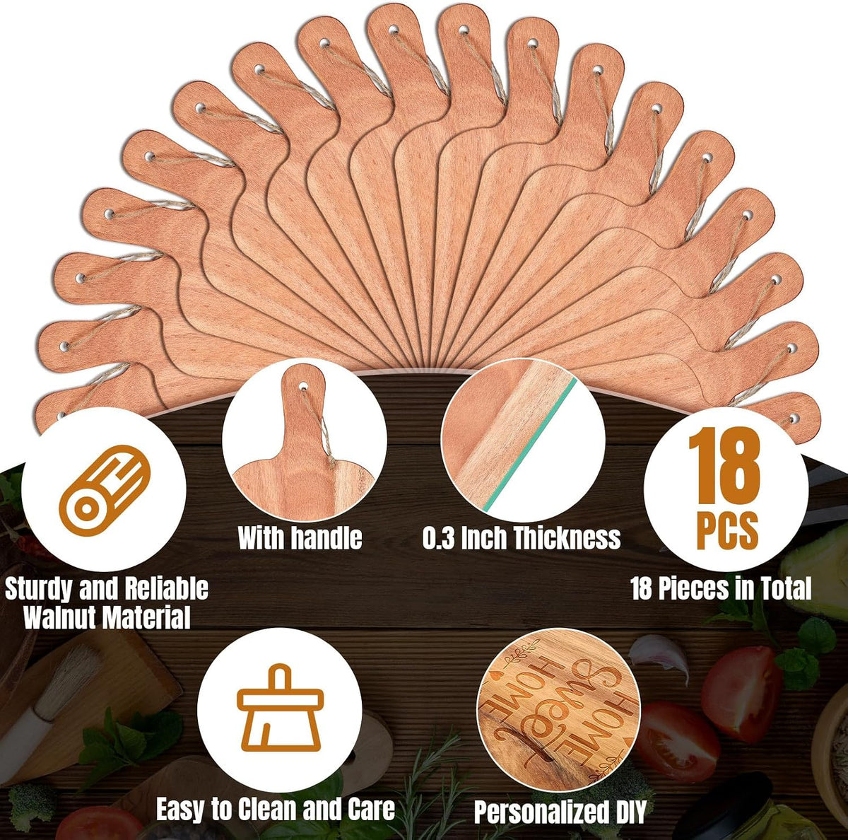 18 Pcs Plain Cutting Board Set with Handles Laser Engraving Wooden Charcuterie Kitchen Serving Chopping Board Bulk for DIY Housewarming Mother's Day Gifts(Walnut,15 x 7 Inch)