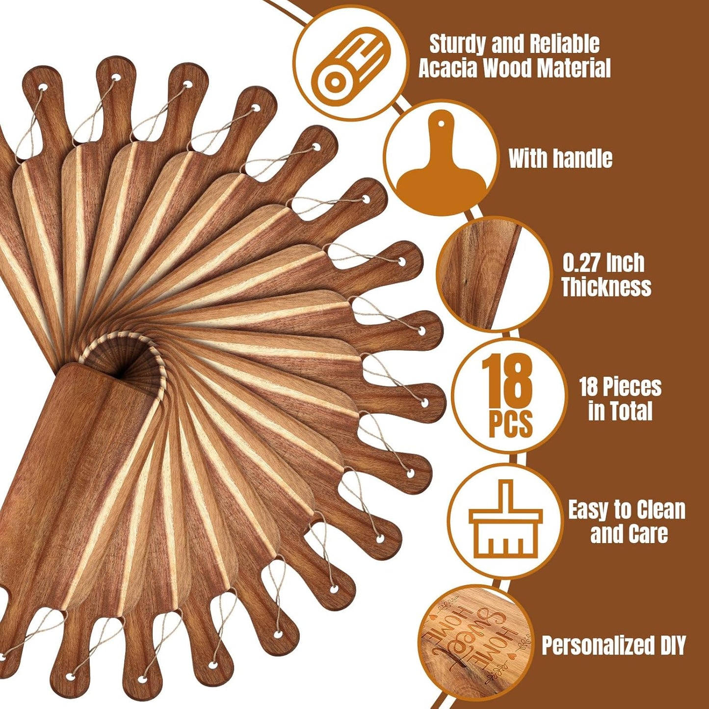 18 Pcs Plain Cutting Board Set with Handles Laser Engraving Wooden Charcuterie Kitchen Serving Chopping Board Bulk for DIY Housewarming Mother's Day Gifts(Walnut,15 x 7 Inch)