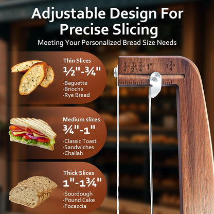 Bread Slicer for Homemade Bread-Adjustable Wooden Sourdough Bread Knife with Thickness Guide,Cutter Tools for Crusty Sourdough & Baguette,Ambidextrous Use,Gift for Baker