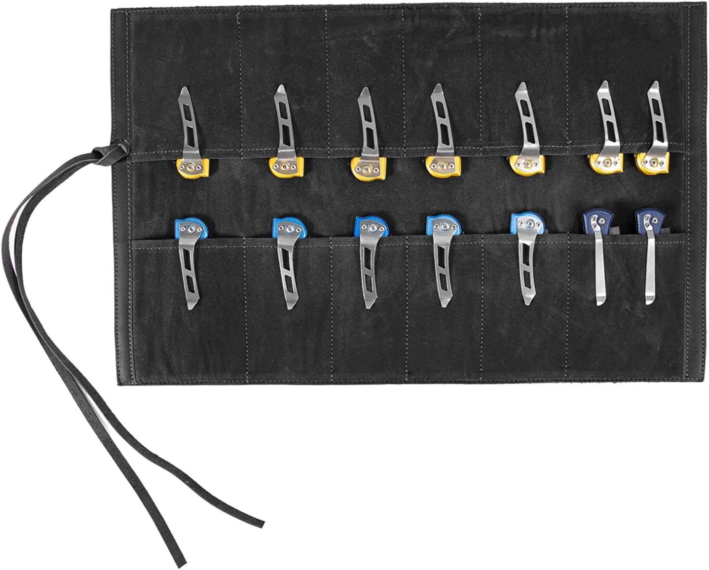 Leather Knife Display Bag with 12 Slots Pocket Knives,Folding Knife Holder Organizer,Tactical Outdoor for EDC Mini Knife Bags, Leather Knife roll Collection Protector Bag (Black)