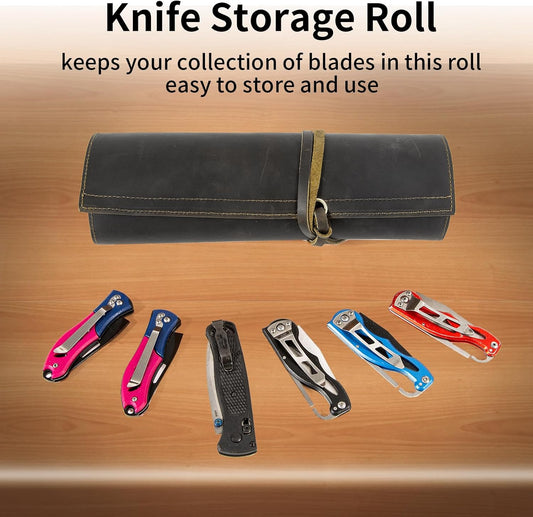Leather Knife Display Bag with 12 Slots Pocket Knives,Folding Knife Holder Organizer,Tactical Outdoor for EDC Mini Knife Bags, Leather Knife roll Collection Protector Bag (Black)