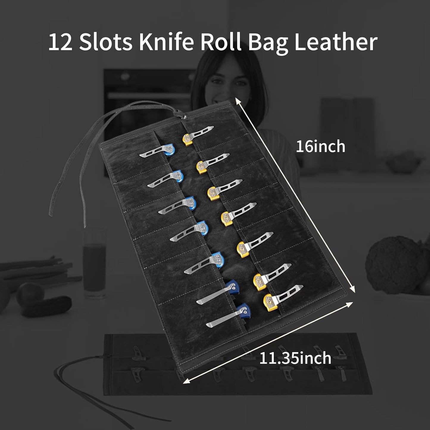 Leather Knife Display Bag with 12 Slots Pocket Knives,Folding Knife Holder Organizer,Tactical Outdoor for EDC Mini Knife Bags, Leather Knife roll Collection Protector Bag (Black)