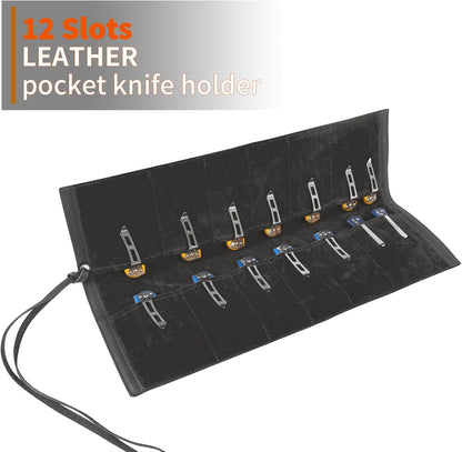 Leather Knife Display Bag with 12 Slots Pocket Knives,Folding Knife Holder Organizer,Tactical Outdoor for EDC Mini Knife Bags, Leather Knife roll Collection Protector Bag (Black)