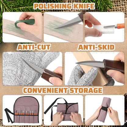 30 Pcs Wood Carving Tools Whittling Kit Include Hand Carving Knife Set Wood Blocks Cut Resistant Gloves Sawdust Brush Sharpening Stone Polishing Wax Sharpening Leather Storage Bag for Beginners
