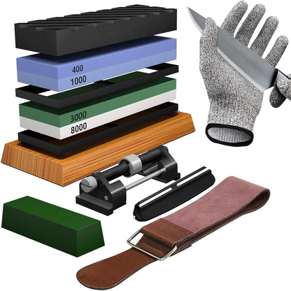 Whetstone Knife Sharpening Stone Set, Double-Sided Grit 400/1000 3000/8000 | Complete Knife Sharpener Stone Kit with Non-Slip Base, Angle Guide, Flatting Stone, Honing Guide, Leather Strop