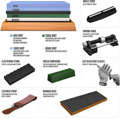 Whetstone Knife Sharpening Stone Set, Double-Sided Grit 400/1000 3000/8000 | Complete Knife Sharpener Stone Kit with Non-Slip Base, Angle Guide, Flatting Stone, Honing Guide, Leather Strop