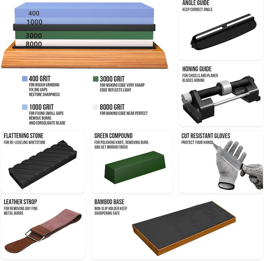 Whetstone Knife Sharpening Stone Set, Double-Sided Grit 400/1000 3000/8000 | Complete Knife Sharpener Stone Kit with Non-Slip Base, Angle Guide, Flatting Stone, Honing Guide, Leather Strop