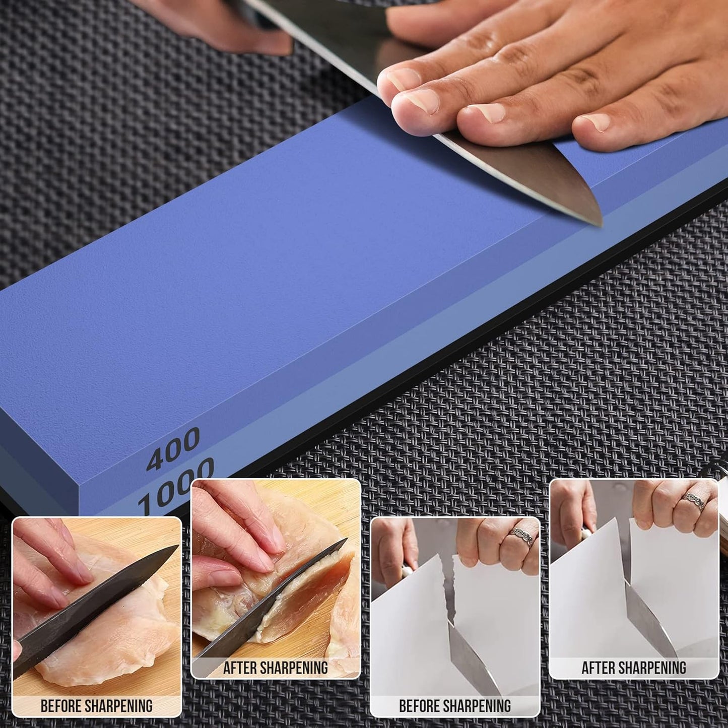 Whetstone Knife Sharpening Stone Set, Double-Sided Grit 400/1000 3000/8000 | Complete Knife Sharpener Stone Kit with Non-Slip Base, Angle Guide, Flatting Stone, Honing Guide, Leather Strop