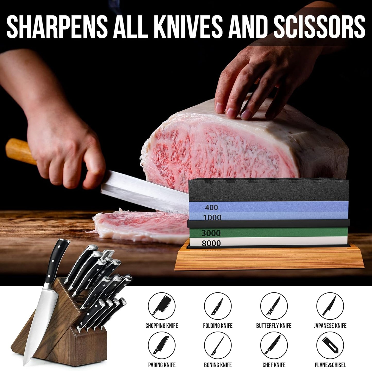 Whetstone Knife Sharpening Stone Set, Double-Sided Grit 400/1000 3000/8000 | Complete Knife Sharpener Stone Kit with Non-Slip Base, Angle Guide, Flatting Stone, Honing Guide, Leather Strop