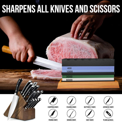 Whetstone Knife Sharpening Stone Set, Double-Sided Grit 400/1000 3000/8000 | Complete Knife Sharpener Stone Kit with Non-Slip Base, Angle Guide, Flatting Stone, Honing Guide, Leather Strop