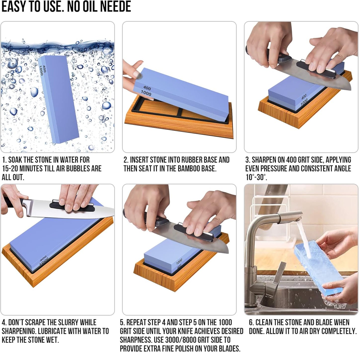 Whetstone Knife Sharpening Stone Set, Double-Sided Grit 400/1000 3000/8000 | Complete Knife Sharpener Stone Kit with Non-Slip Base, Angle Guide, Flatting Stone, Honing Guide, Leather Strop