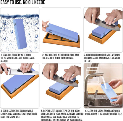 Whetstone Knife Sharpening Stone Set, Double-Sided Grit 400/1000 3000/8000 | Complete Knife Sharpener Stone Kit with Non-Slip Base, Angle Guide, Flatting Stone, Honing Guide, Leather Strop