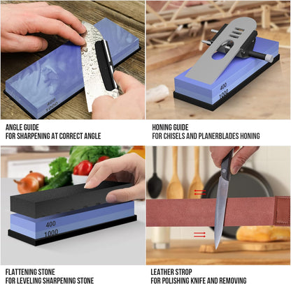 Whetstone Knife Sharpening Stone Set, Double-Sided Grit 400/1000 3000/8000 | Complete Knife Sharpener Stone Kit with Non-Slip Base, Angle Guide, Flatting Stone, Honing Guide, Leather Strop