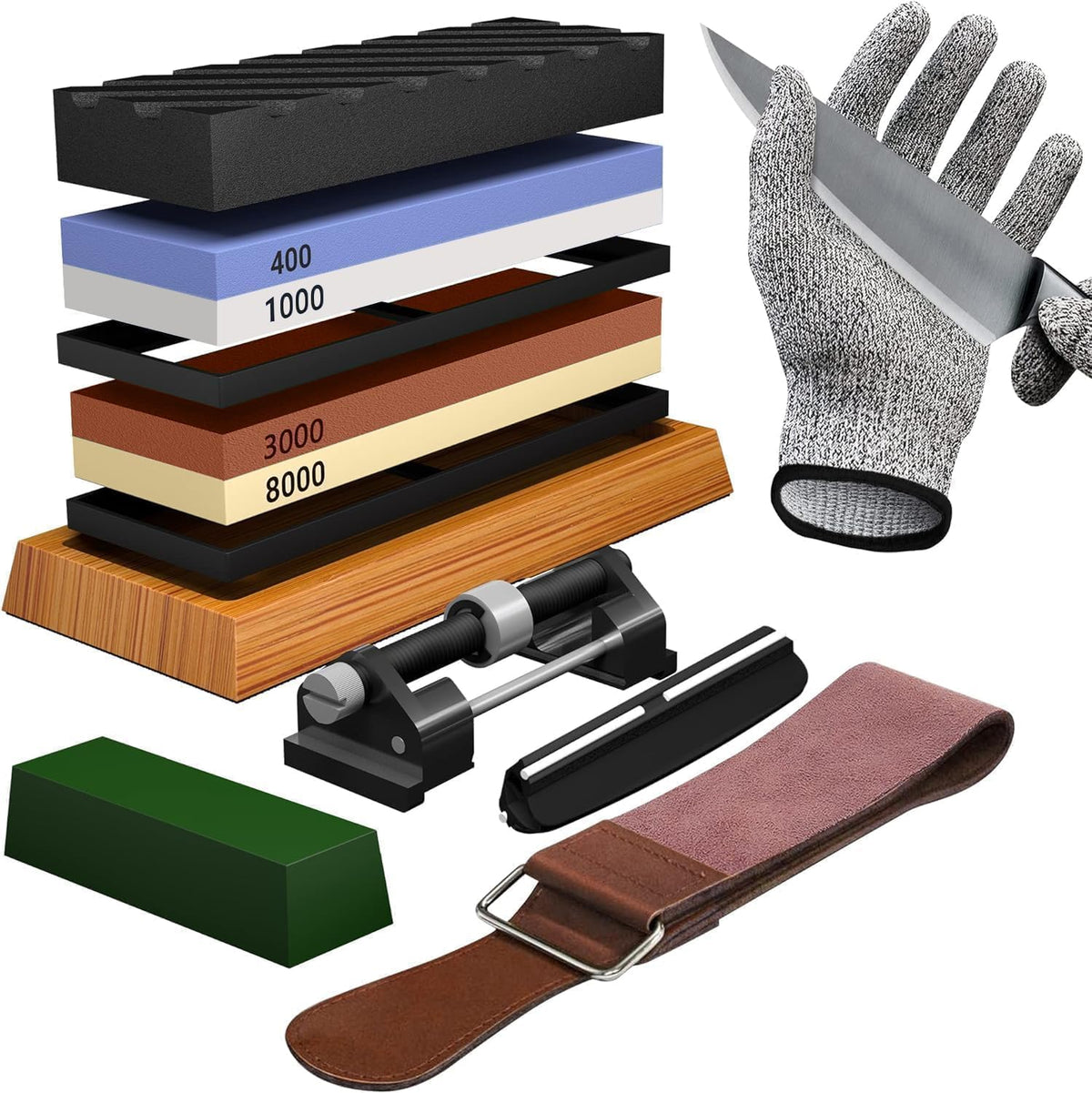Whetstone Knife Sharpening Stone Set, Double-Sided Grit 400/1000 3000/8000 | Complete Knife Sharpener Stone Kit with Non-Slip Base, Angle Guide, Flatting Stone, Honing Guide, Leather Strop