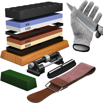 Whetstone Knife Sharpening Stone Set, Double-Sided Grit 400/1000 3000/8000 | Complete Knife Sharpener Stone Kit with Non-Slip Base, Angle Guide, Flatting Stone, Honing Guide, Leather Strop