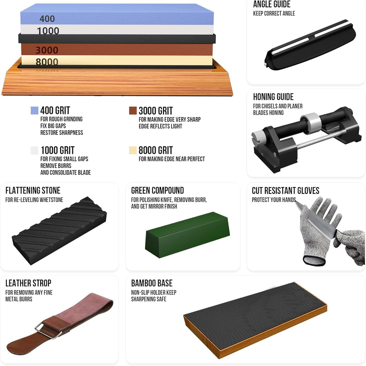 Whetstone Knife Sharpening Stone Set, Double-Sided Grit 400/1000 3000/8000 | Complete Knife Sharpener Stone Kit with Non-Slip Base, Angle Guide, Flatting Stone, Honing Guide, Leather Strop