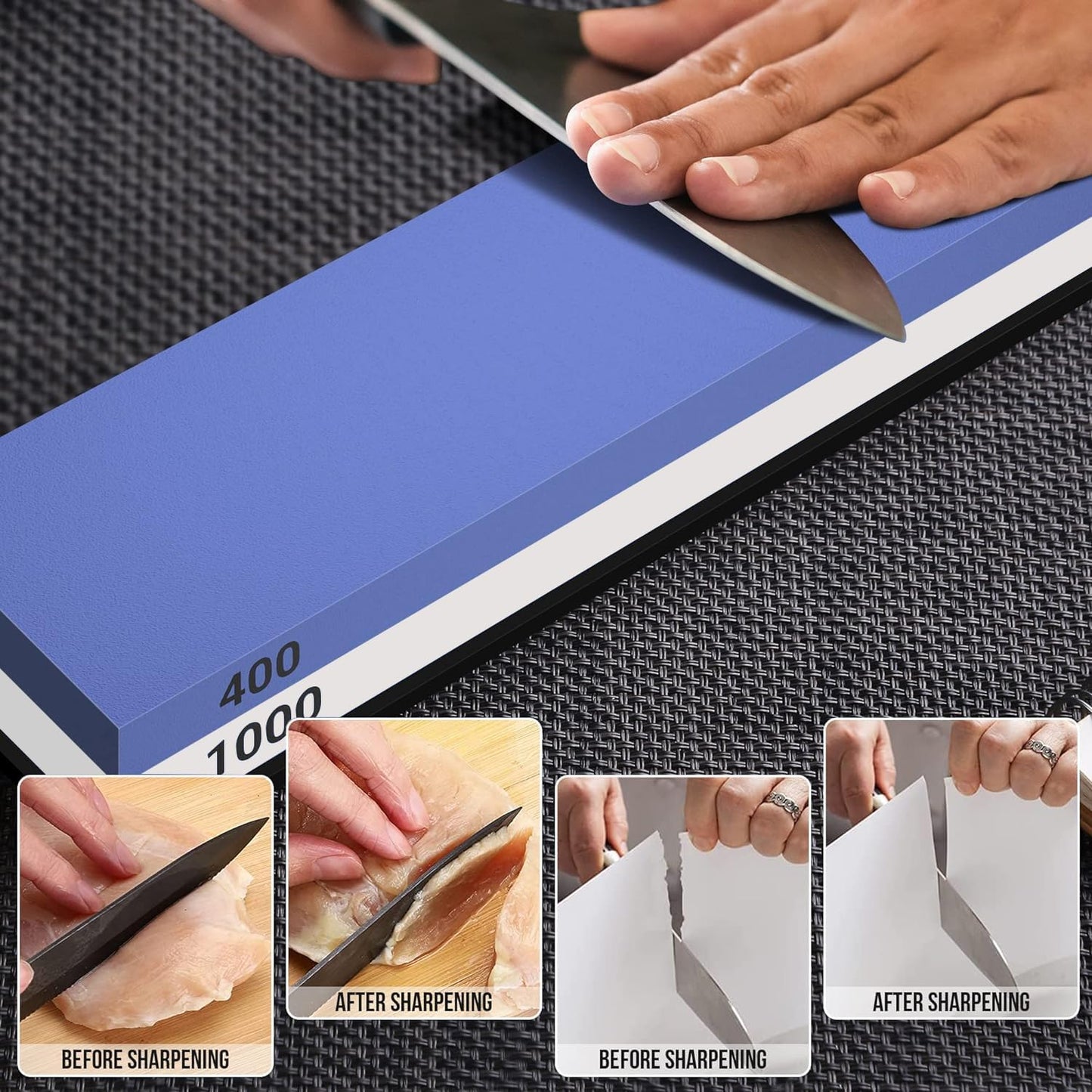 Whetstone Knife Sharpening Stone Set, Double-Sided Grit 400/1000 3000/8000 | Complete Knife Sharpener Stone Kit with Non-Slip Base, Angle Guide, Flatting Stone, Honing Guide, Leather Strop