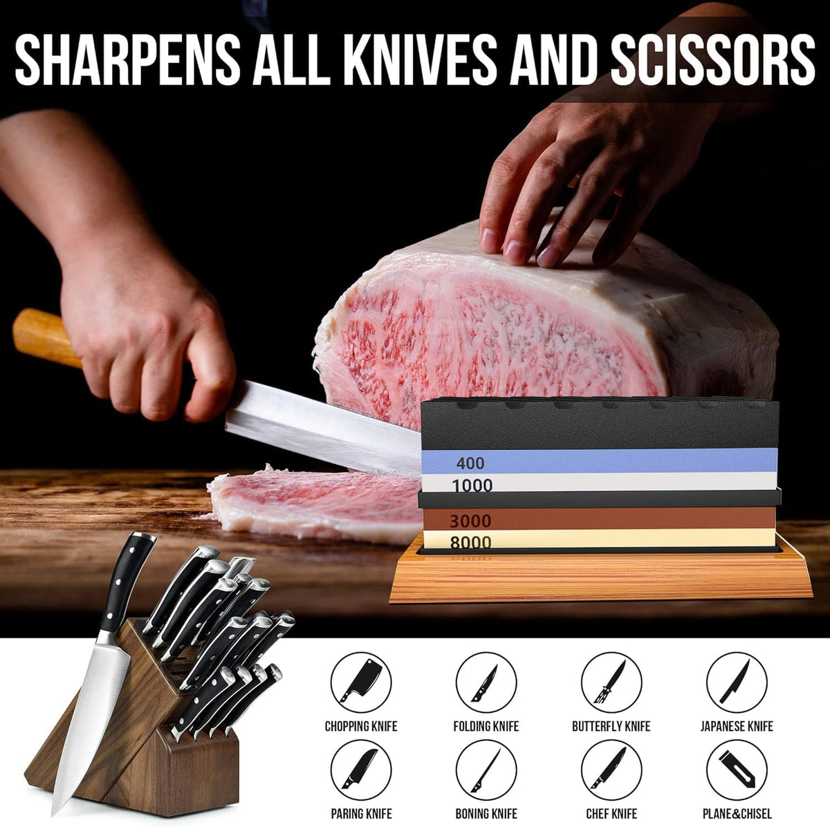 Whetstone Knife Sharpening Stone Set, Double-Sided Grit 400/1000 3000/8000 | Complete Knife Sharpener Stone Kit with Non-Slip Base, Angle Guide, Flatting Stone, Honing Guide, Leather Strop