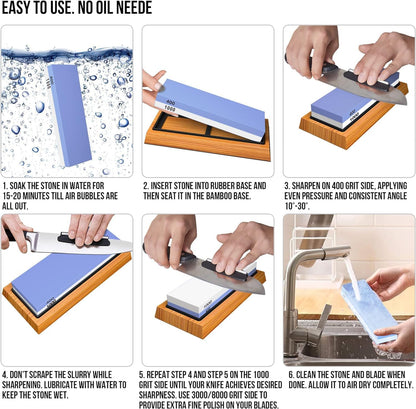 Whetstone Knife Sharpening Stone Set, Double-Sided Grit 400/1000 3000/8000 | Complete Knife Sharpener Stone Kit with Non-Slip Base, Angle Guide, Flatting Stone, Honing Guide, Leather Strop
