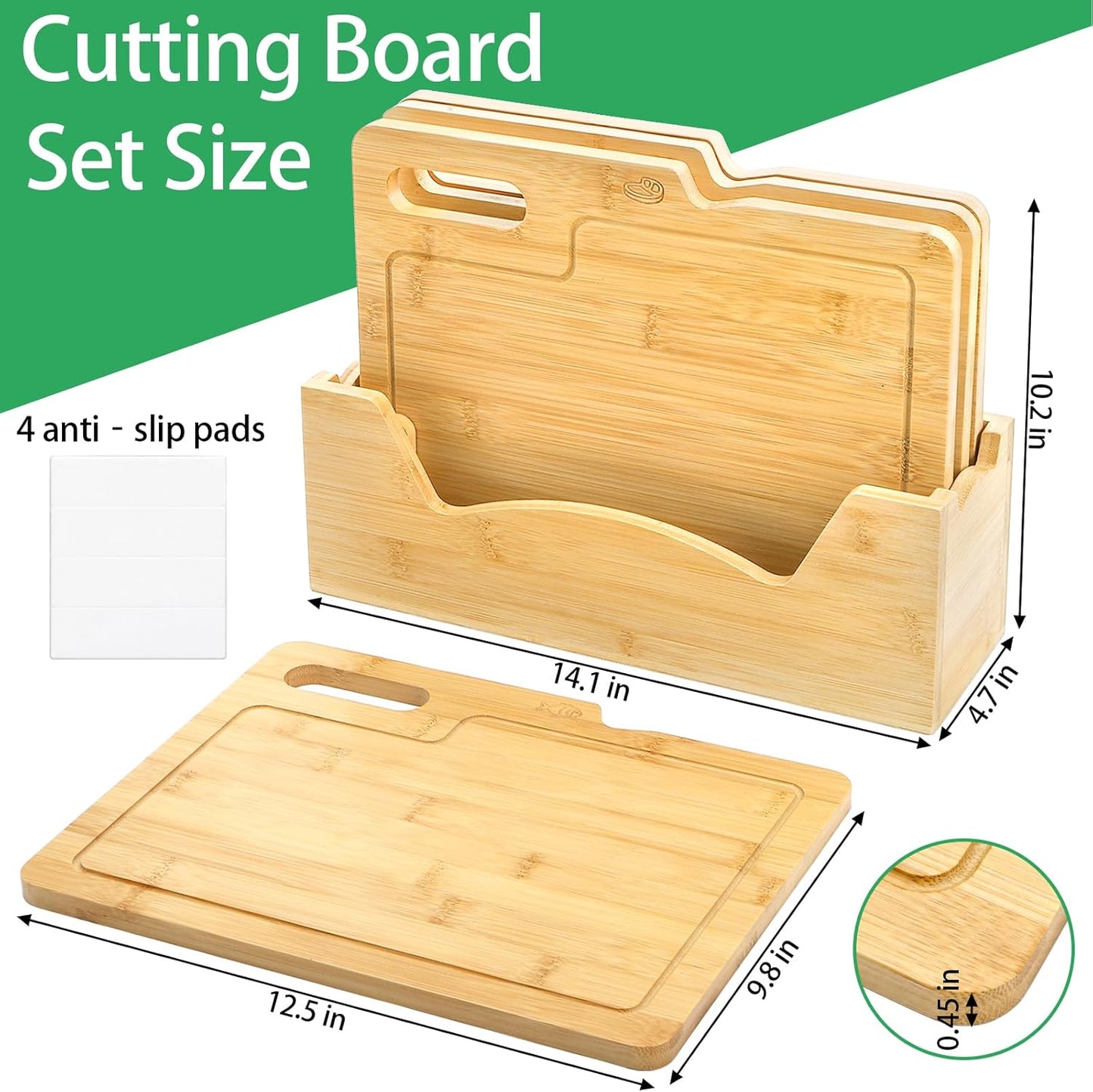 4 Pack 12.5"L x 9.8"W Bamboo Cutting Boards with Holder, Wood Cutting Board Set, Chopping Boards Set with Food Icons, Kitchen Cutting Board Ideal for Meat, Fish, Bread, Vegetable, Fruit