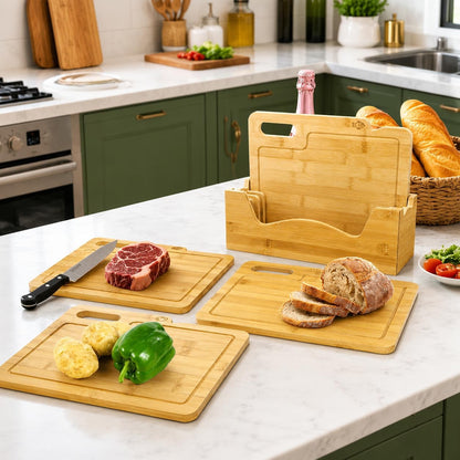 4 Pack 12.5"L x 9.8"W Bamboo Cutting Boards with Holder, Wood Cutting Board Set, Chopping Boards Set with Food Icons, Kitchen Cutting Board Ideal for Meat, Fish, Bread, Vegetable, Fruit