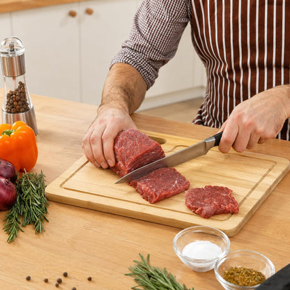 4 Pack 12.5"L x 9.8"W Bamboo Cutting Boards with Holder, Wood Cutting Board Set, Chopping Boards Set with Food Icons, Kitchen Cutting Board Ideal for Meat, Fish, Bread, Vegetable, Fruit