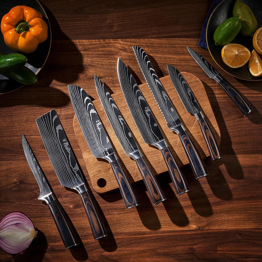 SENKEN 8-piece Premium Japanese Kitchen Knife Set with Laser Damascus Pattern - Imperial Collection - Chef's Knife, Santoku, Bread, Paring & More, Ultra Sharp for Very Fast Cutting