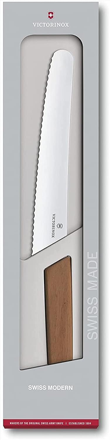 Swiss Modern Bread & Pastry Knife - Serrated Bread Knife for Kitchen Accessories - Sharp Kitchen Knife for Cutting Sandwiches, Vegetables & More - Wavy Edge, Walnut Wood Handle, 8.5"