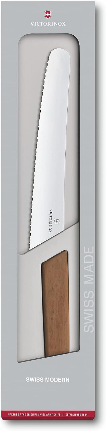 Swiss Modern Bread & Pastry Knife - Serrated Bread Knife for Kitchen Accessories - Sharp Kitchen Knife for Cutting Sandwiches, Vegetables & More - Wavy Edge, Walnut Wood Handle, 8.5"