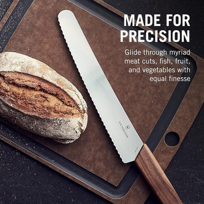 Swiss Modern Bread & Pastry Knife - Serrated Bread Knife for Kitchen Accessories - Sharp Kitchen Knife for Cutting Sandwiches, Vegetables & More - Wavy Edge, Walnut Wood Handle, 8.5"